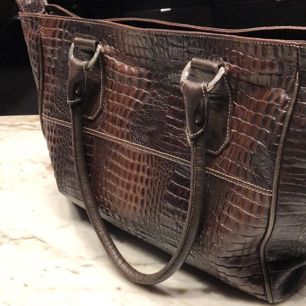 Arpiel genuine leather tote bag, croc texture brown